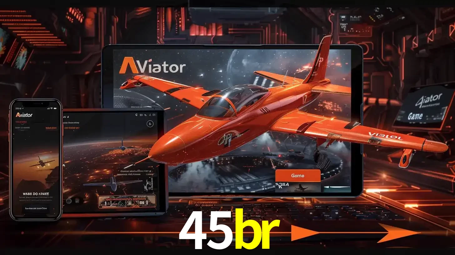 Apresentação tecnológica do jogo Aviator com um avião saindo da tela de um tablet, demonstrando a experiência imersiva em múltiplos dispositivos no 45br.