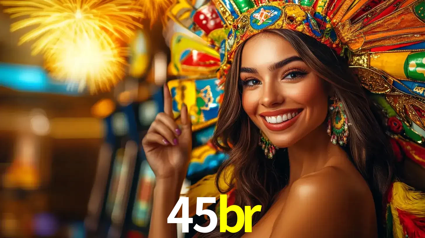Mulher sorridente com um cocar de carnaval vibrante e colorido, celebrando uma grande vitória nos jogos do cassino 45br com fogos de artifício ao fundo.