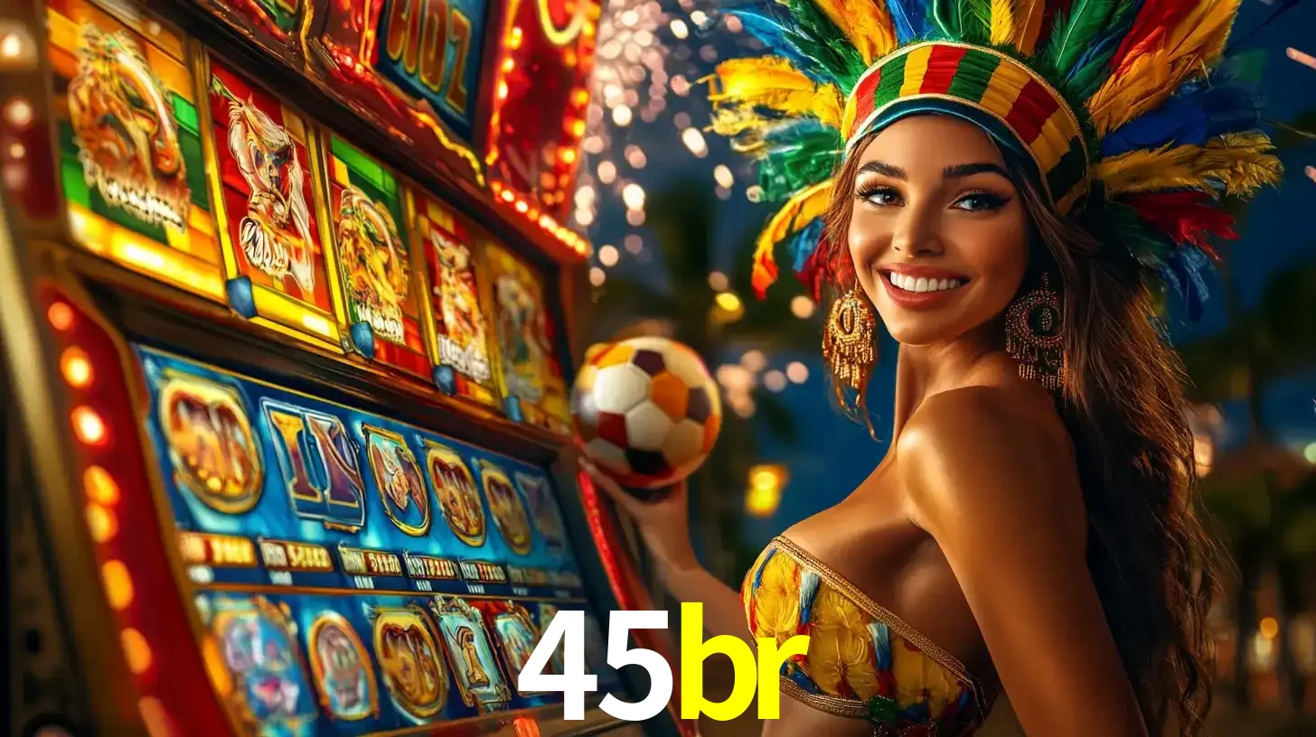 Mulher com um cocar de carnaval ao lado de uma máquina de caça-níqueis enquanto segura uma bola de futebol, mostrando a união da diversão de cassino e esportes no 45br.