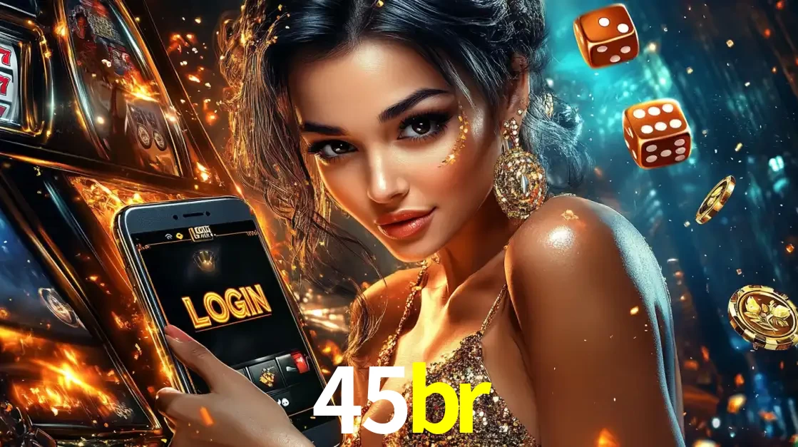 Mulher glamourosa segurando um celular com a tela de login do cassino 45br, rodeada por dados e moedas douradas, pronta para começar a diversão.