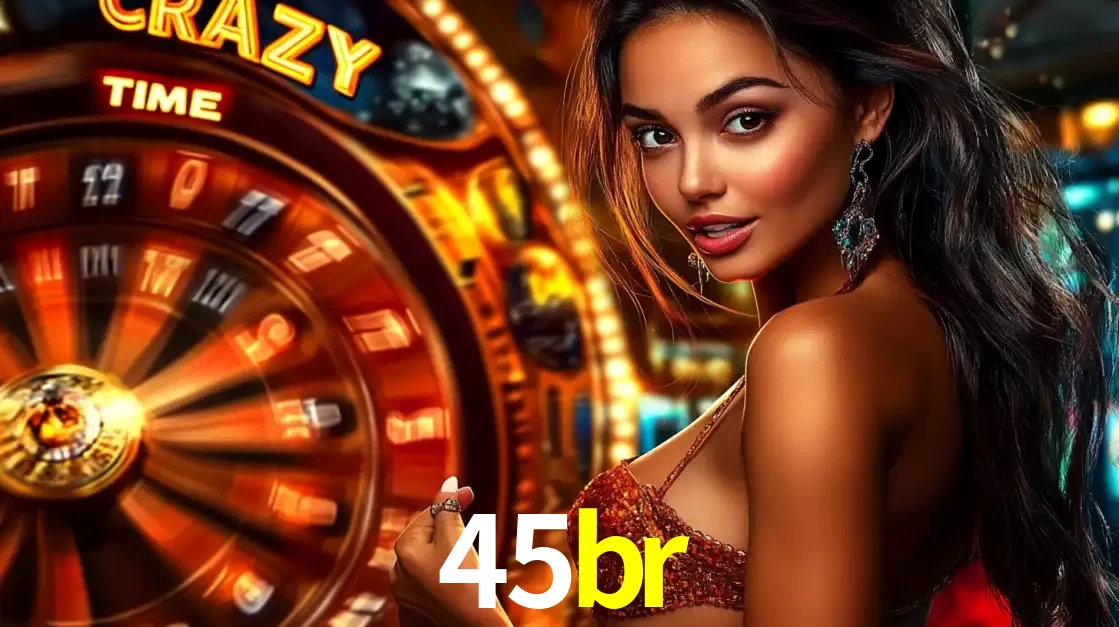 Mulher ao lado da roda de prêmios do jogo de cassino ao vivo Crazy Time, um dos shows de jogos mais emocionantes oferecidos pela plataforma de apostas 45br.