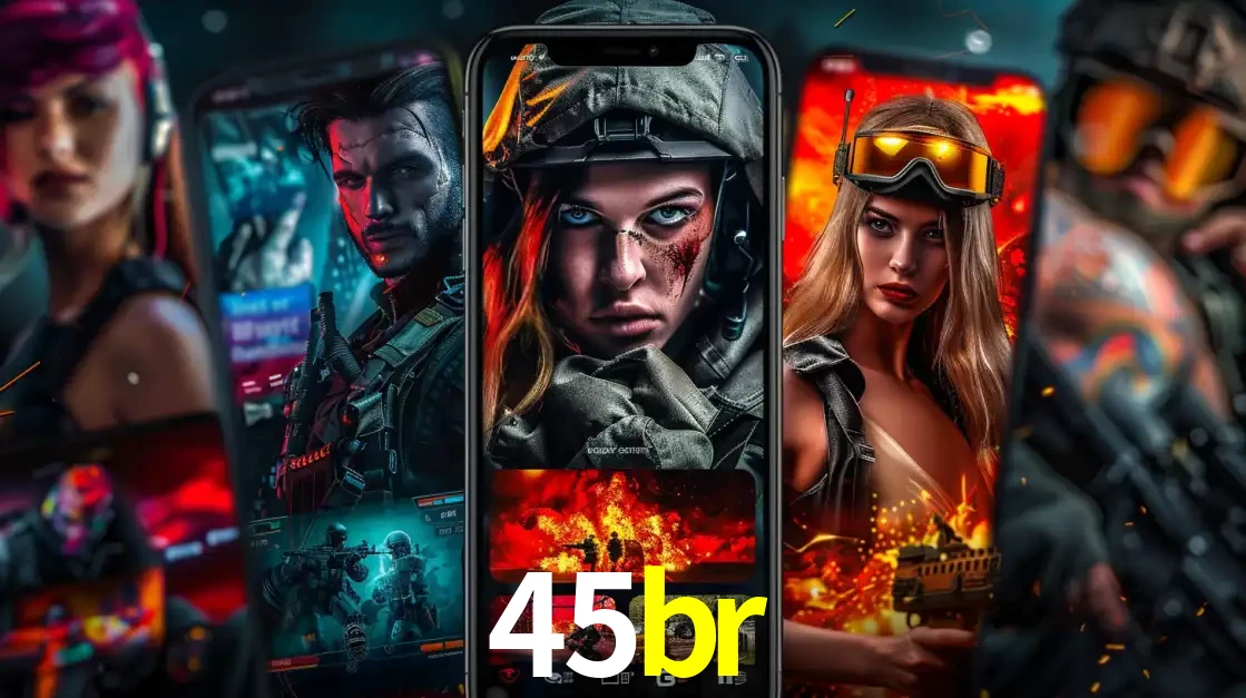 Montagem de telas de celular mostrando diversos personagens, masculinos e femininos, de um jogo de tiro, ilustrando a diversidade de equipes de e-sports para apostar no 45br.