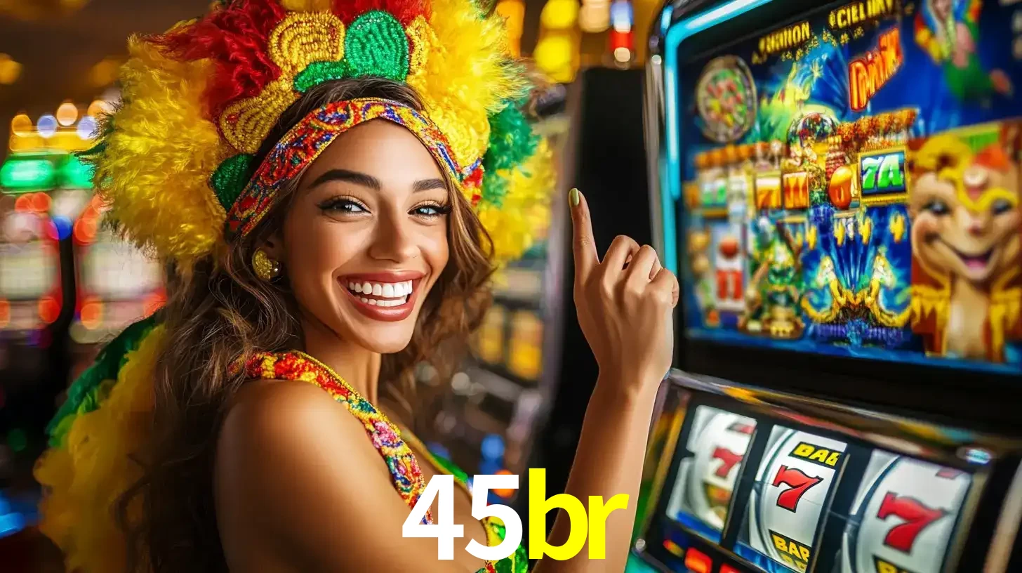 Mulher animada com um cocar de carnaval apontando para uma máquina de caça-níqueis, mostrando a emoção de ganhar um grande prêmio nos jogos do 45br.