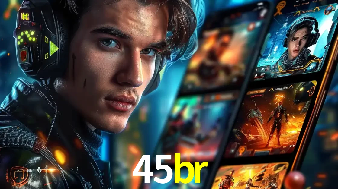 Jovem jogador com fones de ouvido olhando para a câmera, com um aplicativo de jogos e e-sports para celular ao fundo, pronto para a competição e apostas no 45br.