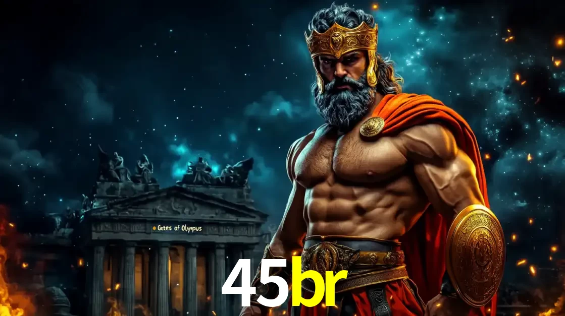O poderoso Zeus do jogo de slot Gates of Olympus em frente ao seu templo, pronto para lançar multiplicadores divinos e prêmios épicos no cassino online 45br.