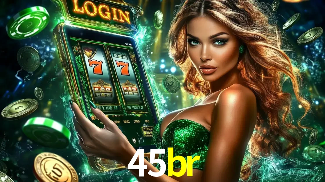 Mulher com tema verde apresentando o aplicativo do cassino 45br com um jogo de slot de 777, cercada por fichas de cassino e uma aura de sorte.
