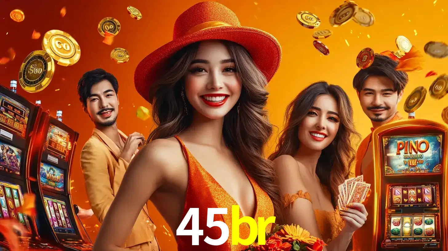 Grupo de amigos asiáticos sorrindo e se divertindo com máquinas de caça-níqueis em um ambiente festivo, celebrando suas vitórias nos jogos de cassino do 45br.