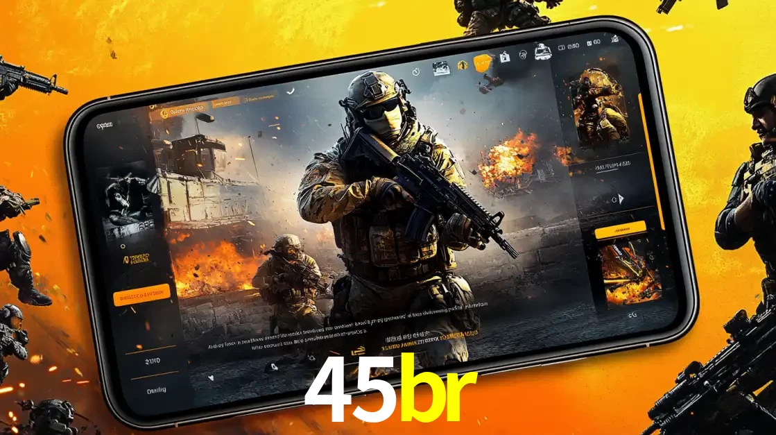 Um smartphone exibindo a interface de um jogo de tiro em primeira pessoa, com um soldado em um cenário de batalha, representando a ação dos e-sports para apostar no 45br.