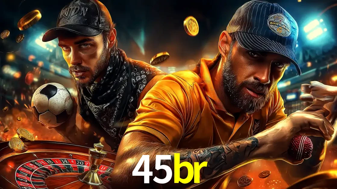 Montagem de apostas esportivas e cassino no 45br, com um homem segurando uma bola de futebol e outro uma de beisebol sobre uma roleta e moedas voadoras.