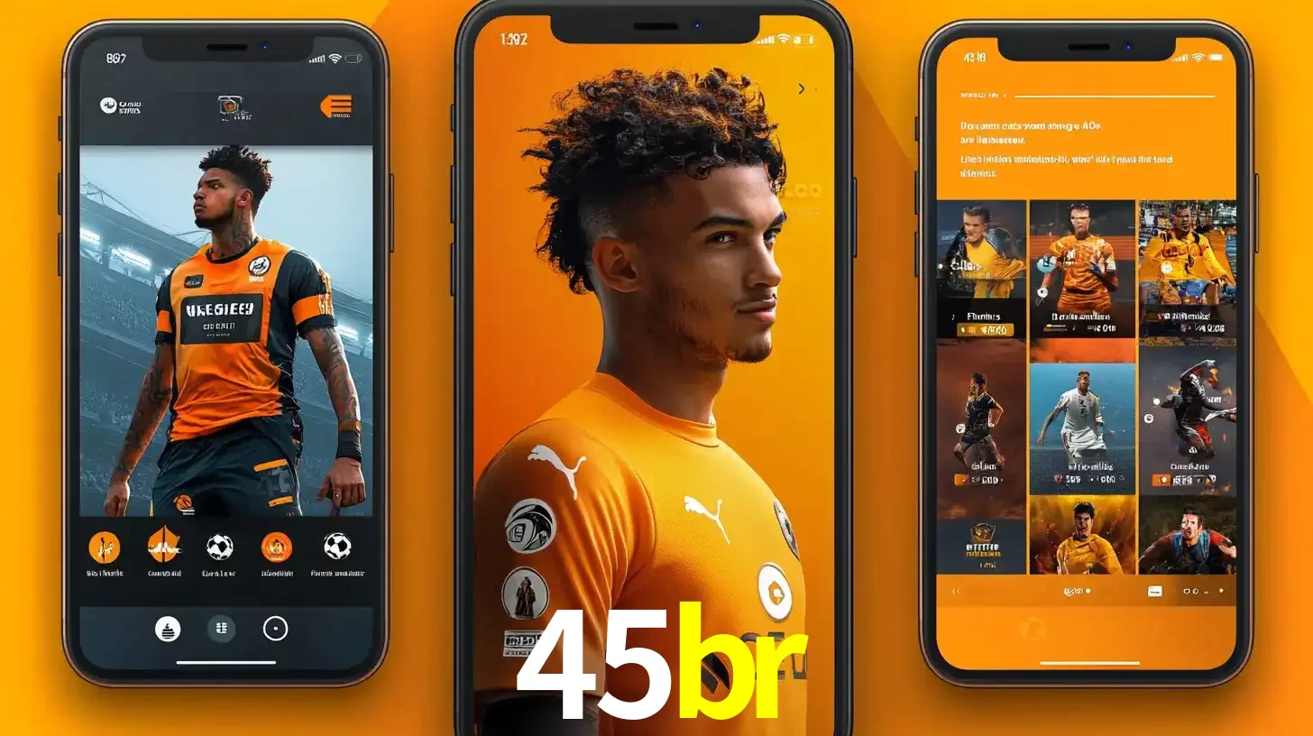 Interface do aplicativo de apostas esportivas 45br em três telas de celular, mostrando o perfil de um jogador de futebol e a lista de jogos disponíveis para apostar.