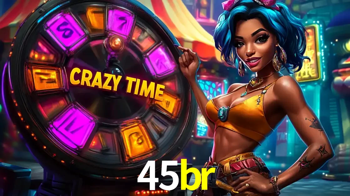 Mulher estilizada com cabelo azul e visual vibrante posando ao lado da roda de prêmios do game show Crazy Time, convidando para a diversão e os bônus do cassino 45br.
