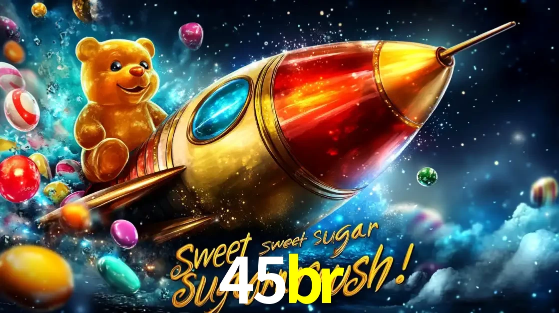 Arte promocional do jogo de slot Sugar Rush, com um urso de pelúcia em um foguete viajando pelo espaço de doces, um dos jogos divertidos disponíveis no cassino 45br.