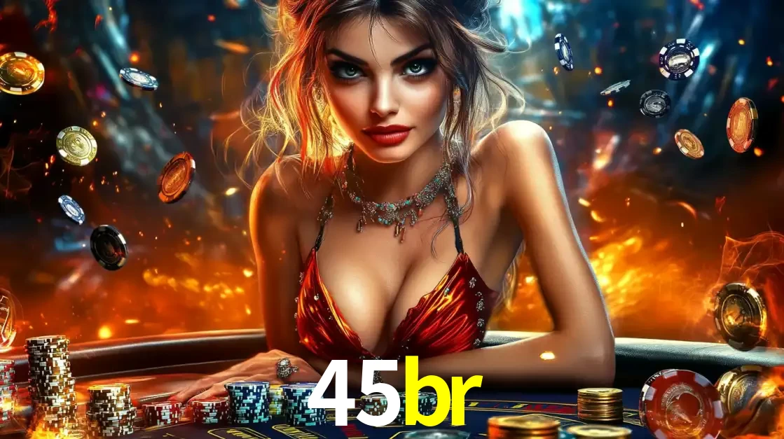 Mulher em uma mesa de cassino com pilhas de fichas e um fundo de fogo, pronta para uma rodada de altas apostas nos jogos de mesa emocionantes do cassino 45br.