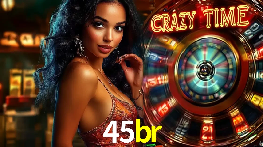 Mulher elegante ao lado da vibrante roda da fortuna do jogo de cassino ao vivo Crazy Time, um dos game shows mais populares e cheios de prêmios do 45br.