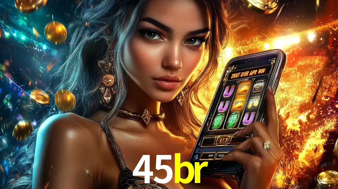Mulher elegante mostrando um jogo de caça-níqueis em seu smartphone, destacando a experiência de cassino móvel oferecida pelo aplicativo 45br.