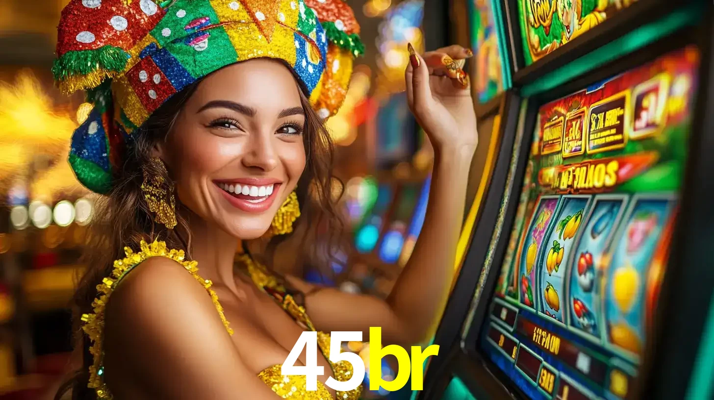 Mulher feliz com traje de carnaval amarelo e colorido ao lado de uma máquina de caça-níqueis, aproveitando a diversão e os jogos temáticos do cassino 45br.