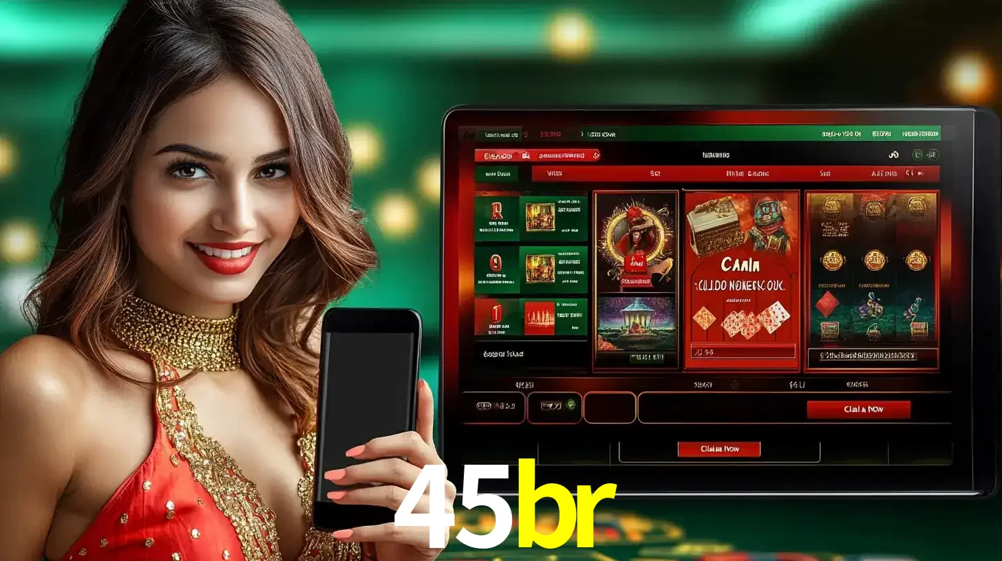 Mulher sorridente segurando um smartphone, ao lado de uma tela exibindo o lobby de jogos do cassino online 45br, com várias opções de jogos de cartas e slots.